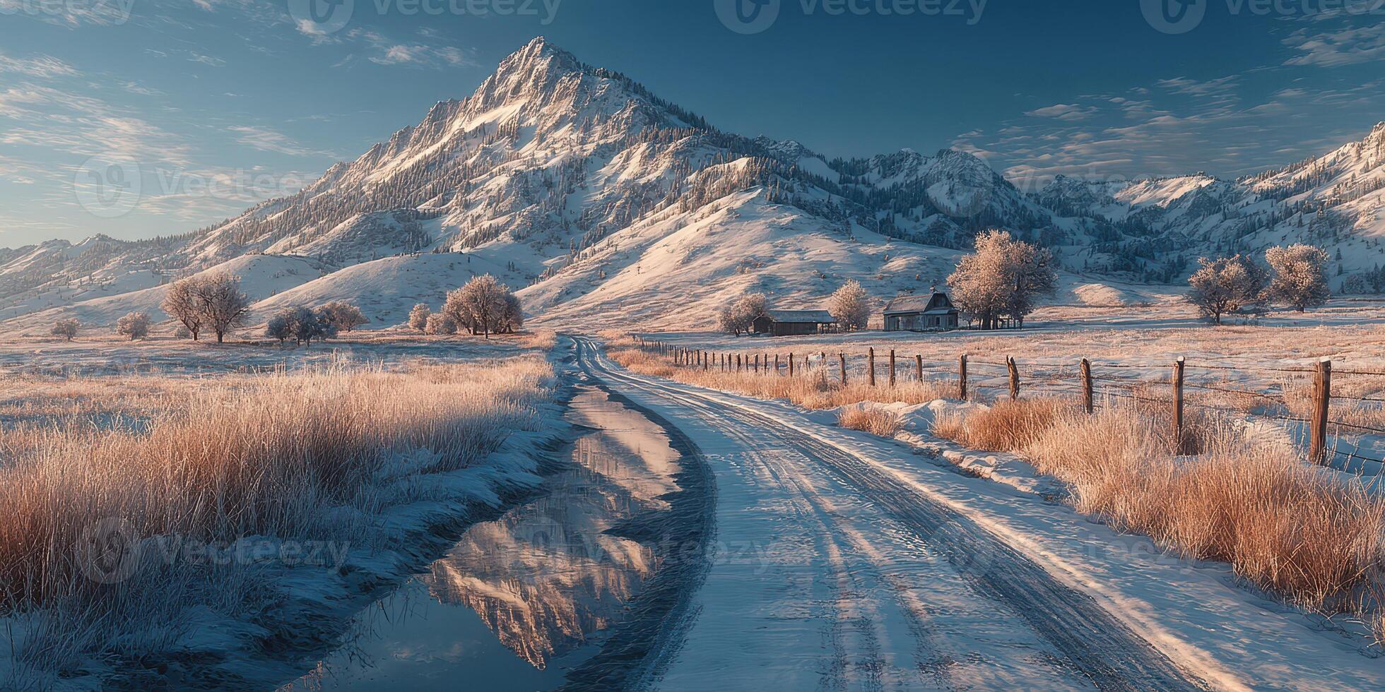 Snow-covered trail leads to a mountain view with a rustic cabin under a clear sky at dawn photo