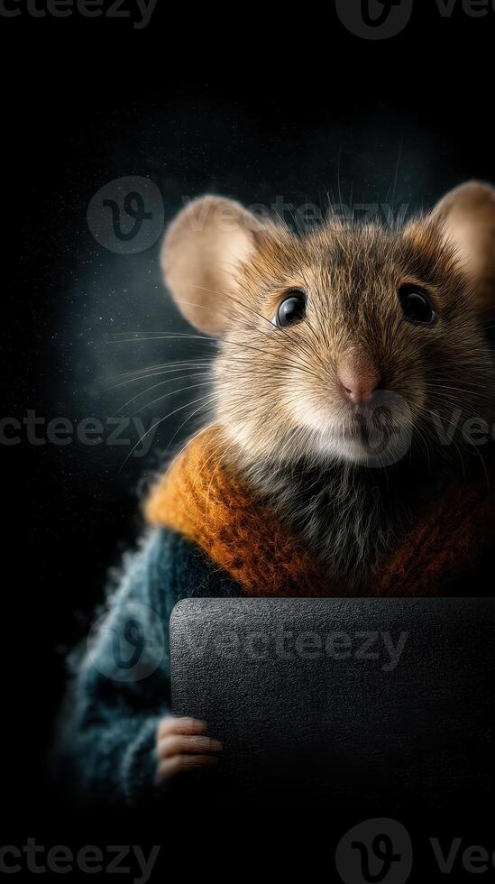 Cute mouse in cozy sweater holding an object against a dark background, showcasing a whimsical atmosphere photo