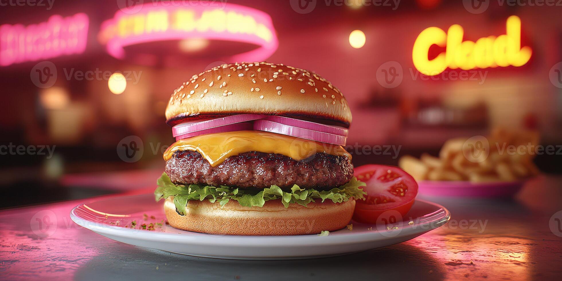 Delicious cheeseburger with fresh toppings served in a retro diner setting during the evening photo