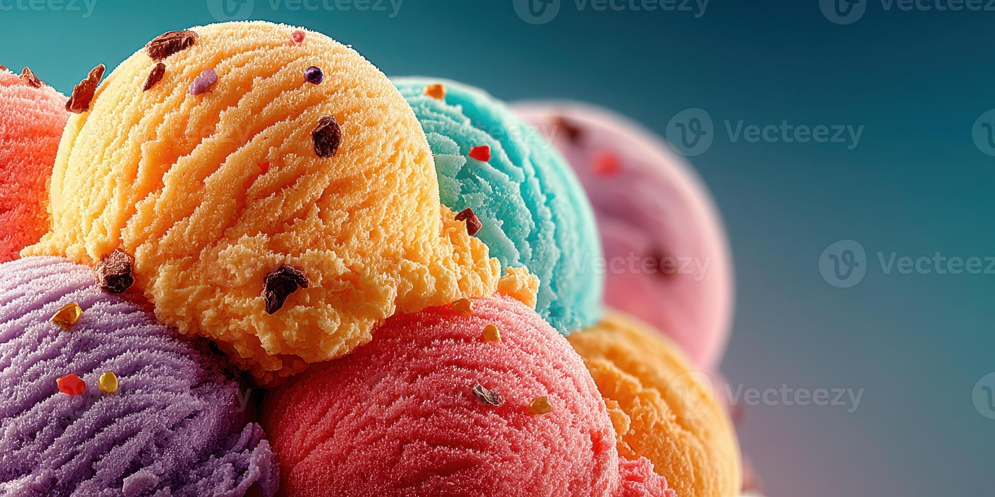 Colorful scoops of ice cream stacked together ready to be enjoyed on a warm summer day photo
