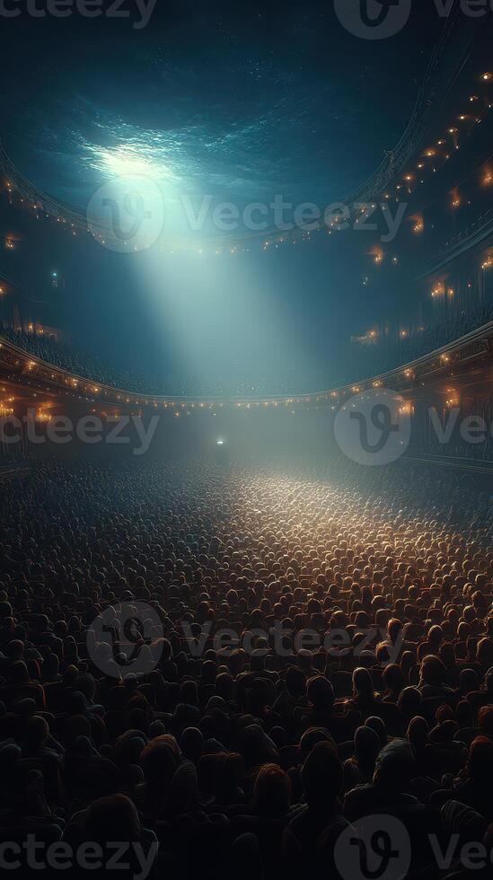 Crowded theater illuminated by spotlight with a mysterious ambiance photo
