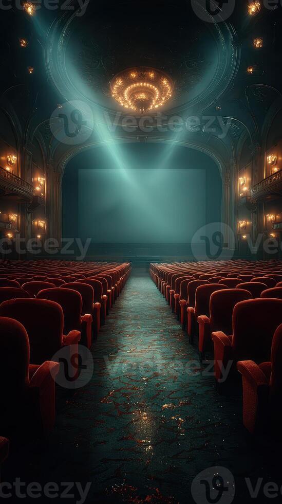 Elegant vintage theater with red velvet seats and soft lighting creates a dramatic atmosphere for cinematic events in the evening photo