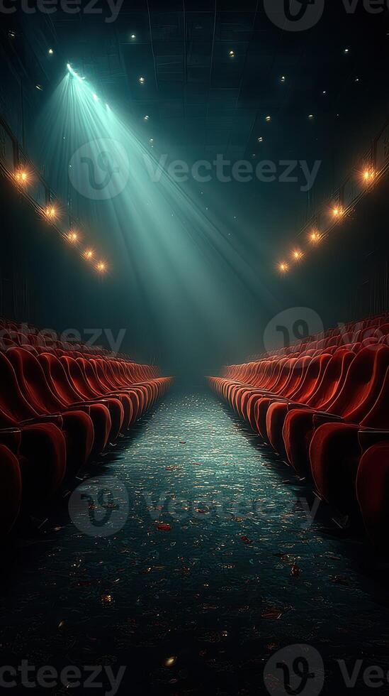 Dimly lit theater aisle with red velvet seats and soft spotlight illuminating the empty audience space during an evening performance photo