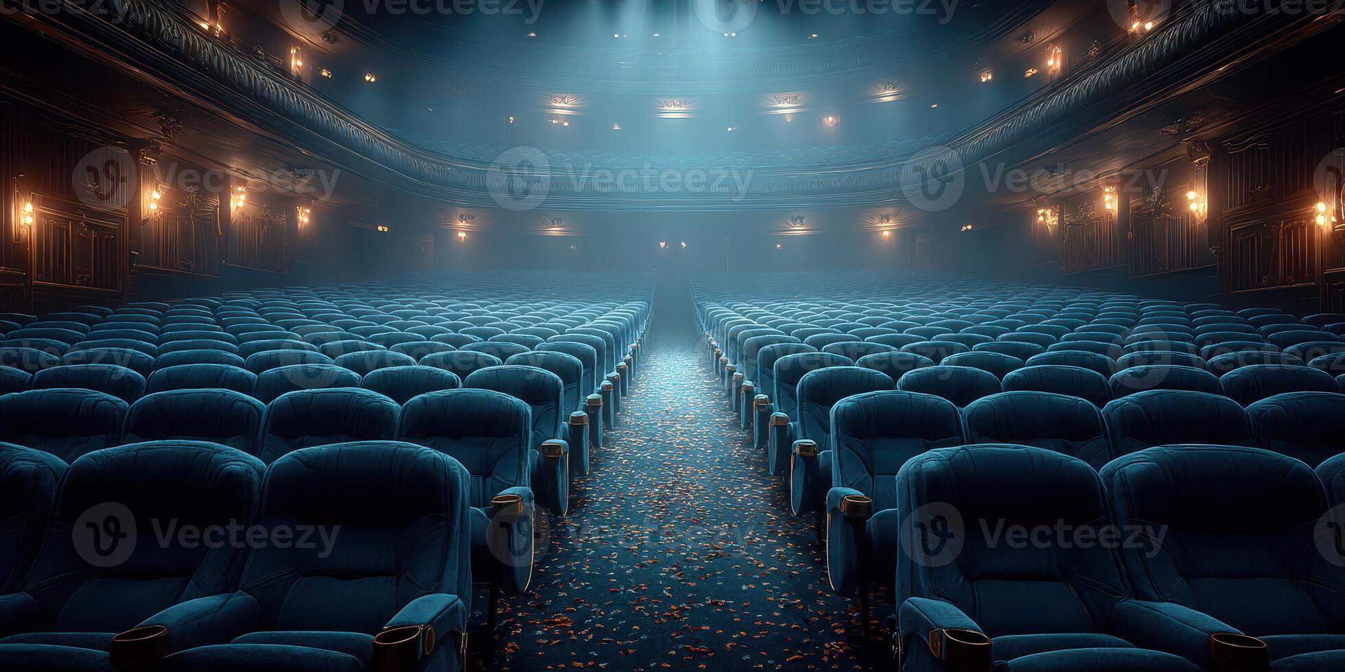Cinematic atmosphere in an empty vintage theater filled with blue velvet seats and scattered leaves photo