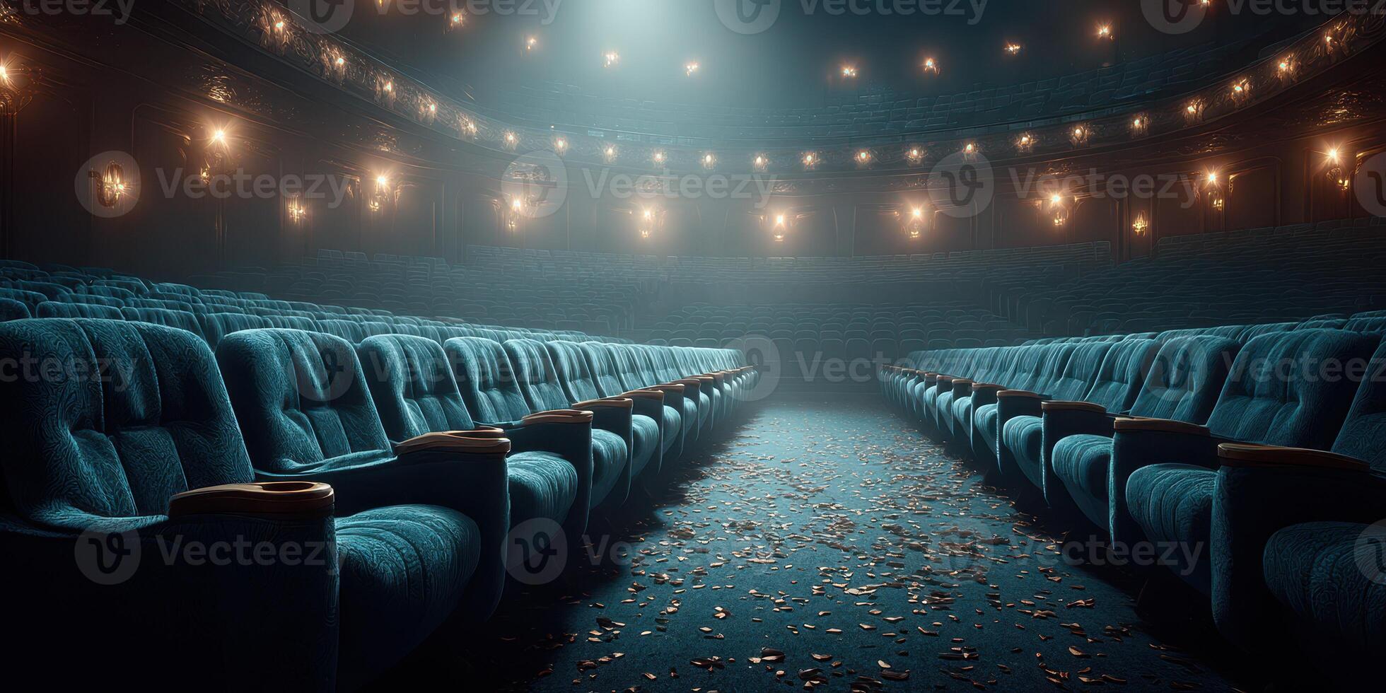 Empty theater with plush seats and scattered leaves illuminated by soft lights during evening photo