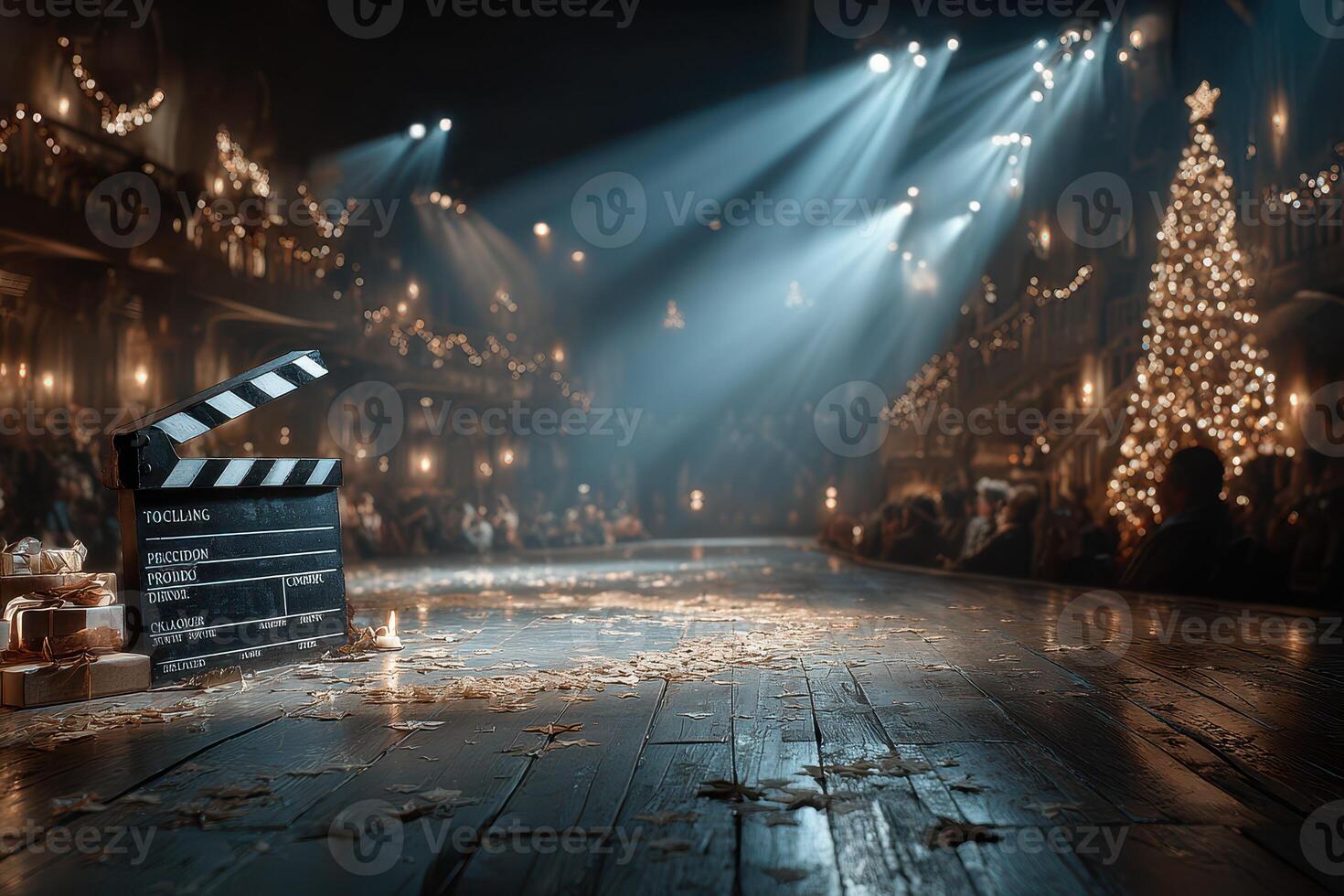 Holiday movie set featuring a clapperboard in a decorated venue with glowing lights and a Christmas tree photo