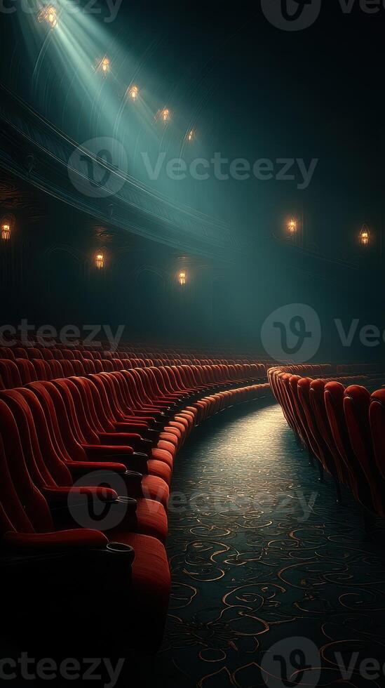 Vintage theater interior with empty red seats illuminated by soft lighting in a mysterious atmosphere photo