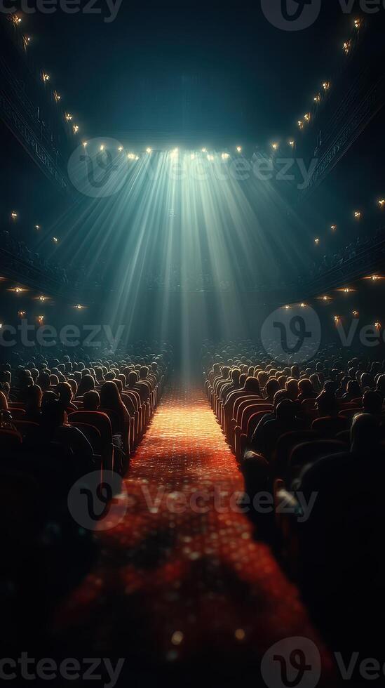 Bright lights shine on a crowded theater during a performance at night with an engaging atmosphere photo