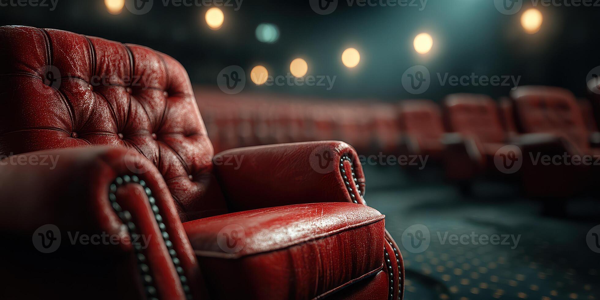 Empty vintage red chairs arranged neatly in a dimly lit cinema, creating a nostalgic atmosphere for moviegoers at night photo