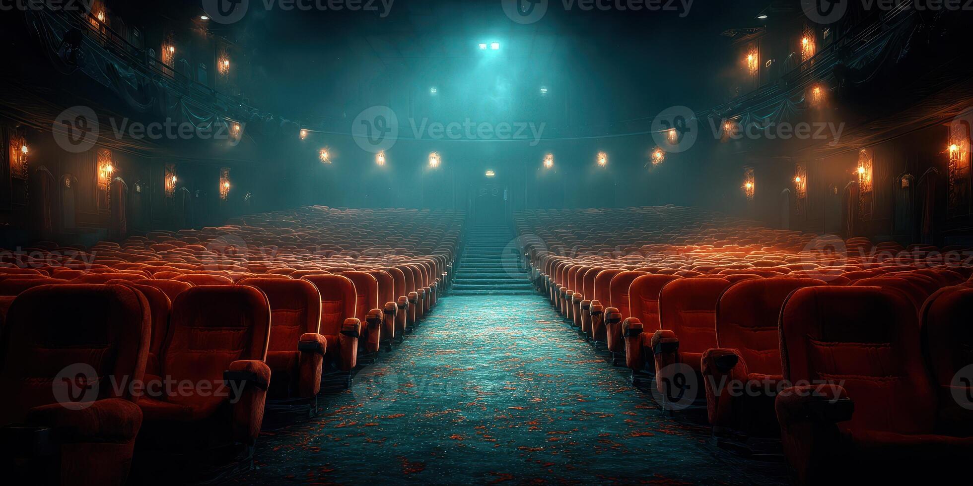 Empty vintage theater with red seats and atmospheric lighting creating a mysterious ambiance during late evening hours photo