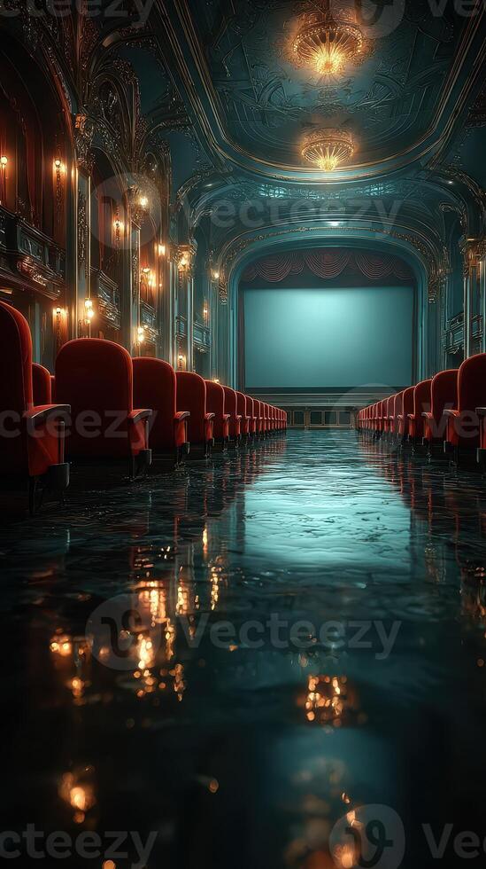 Elegant vintage theater with red seats and reflections on polished floor, ready for a performance at dusk photo