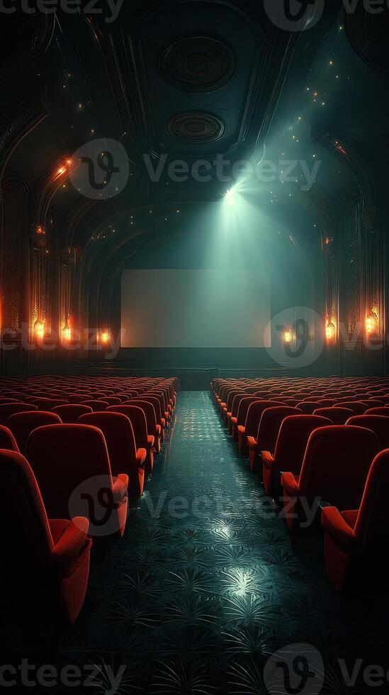 Cinema interior with empty red seats illuminated by soft lighting during a quiet evening photo