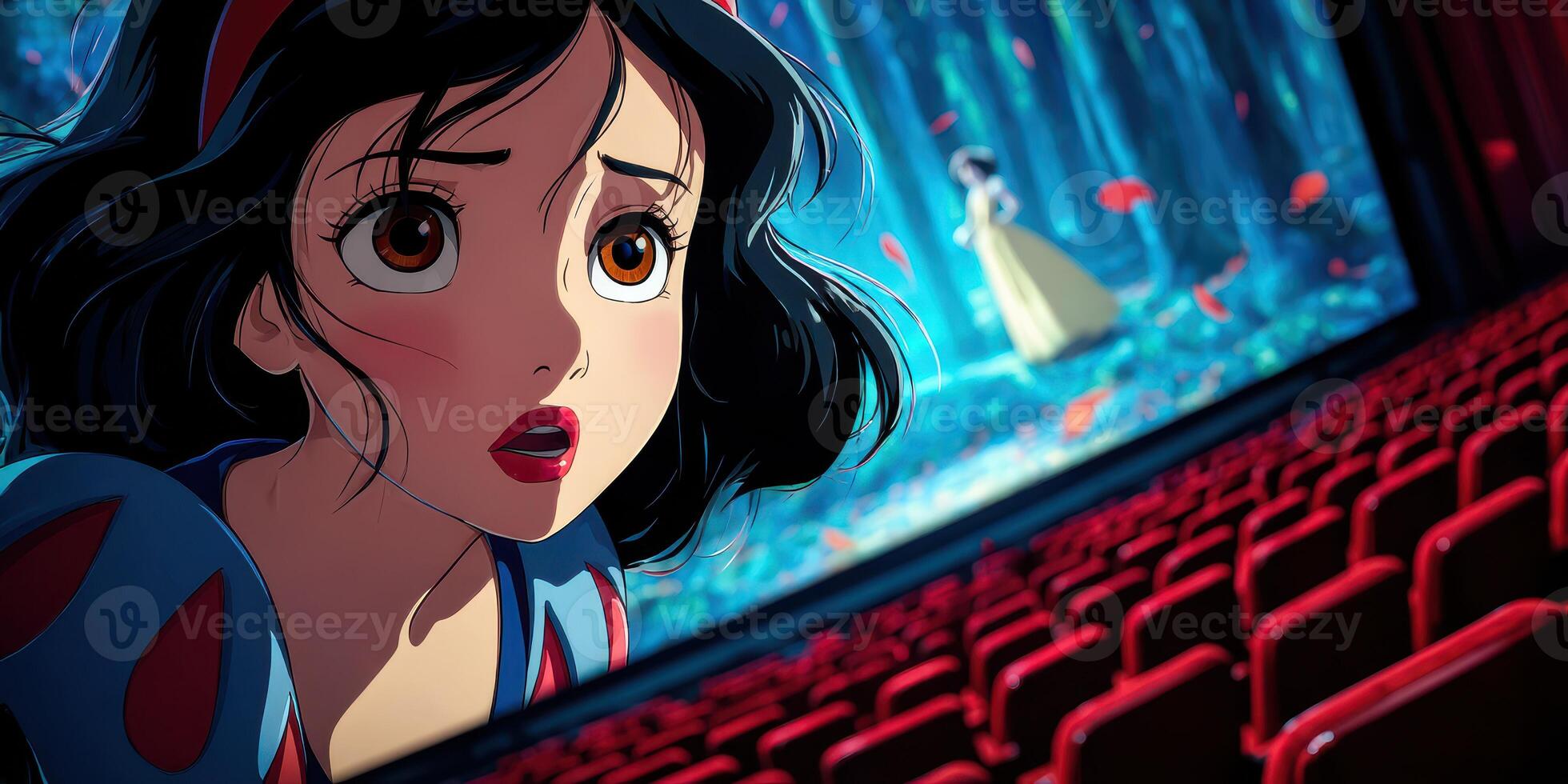 Snow White gazes with wonder as the enchanted forest unfolds behind her on stage in a magical theater setting photo