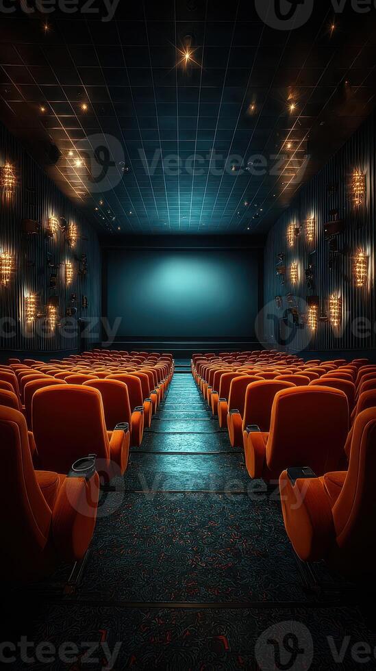 Modern cinema interior featuring vibrant orange seats and a large screen ready for the next film showing photo