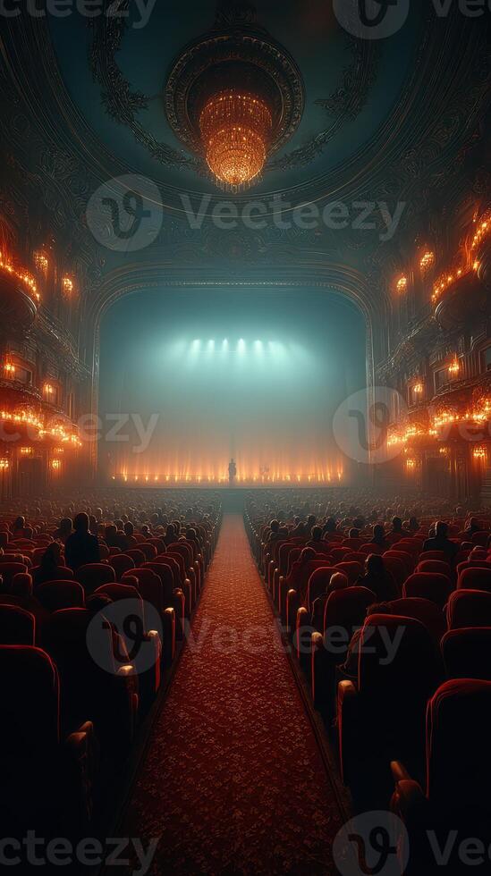 Audience captivated by a performance in an ornate theater with dramatic lighting and rich colors photo