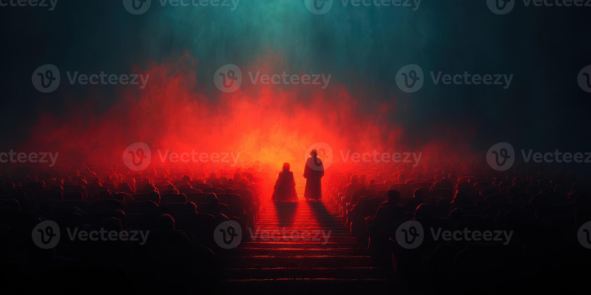 Mysterious figures emerge from the fog in a dark theater filled with an audience during a dramatic performance at night photo