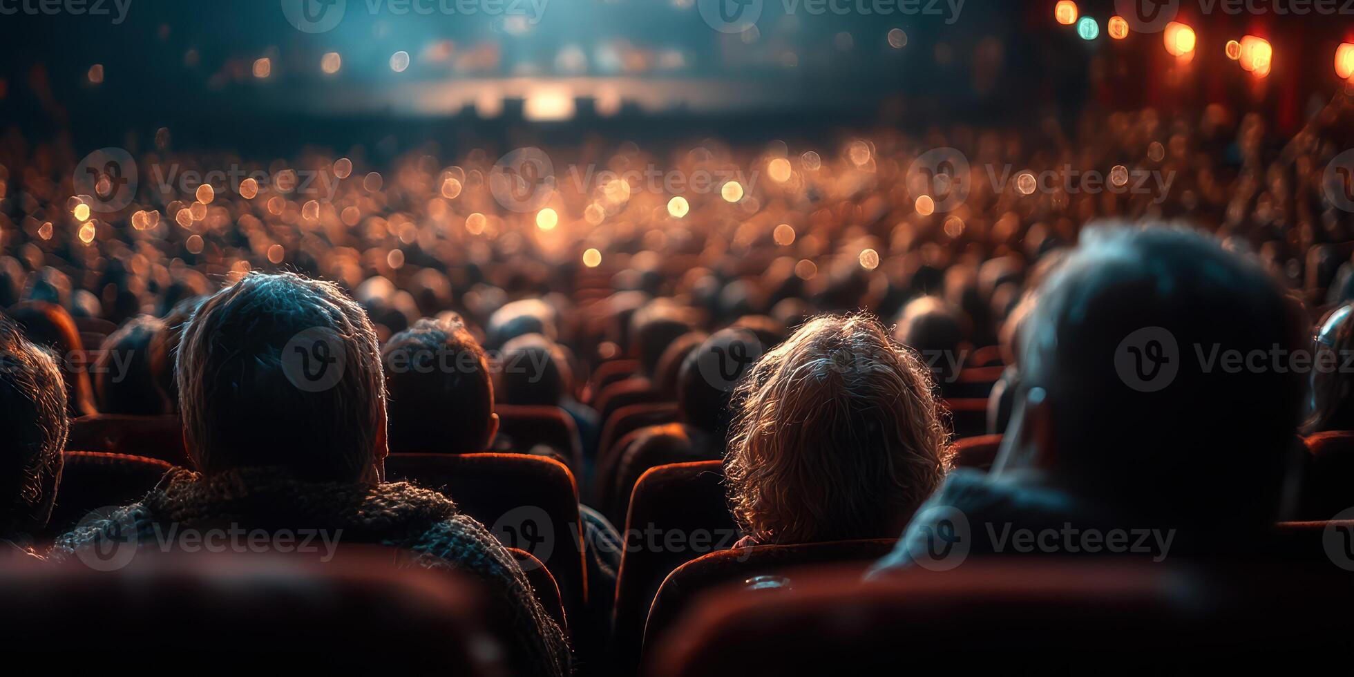 Crowd of spectators seated in an auditorium during a performance with lights dimmed and warm ambiance in the evening photo
