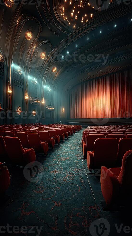 Elegant vintage theater interior with red seating and illuminated stage curtains at dusk photo