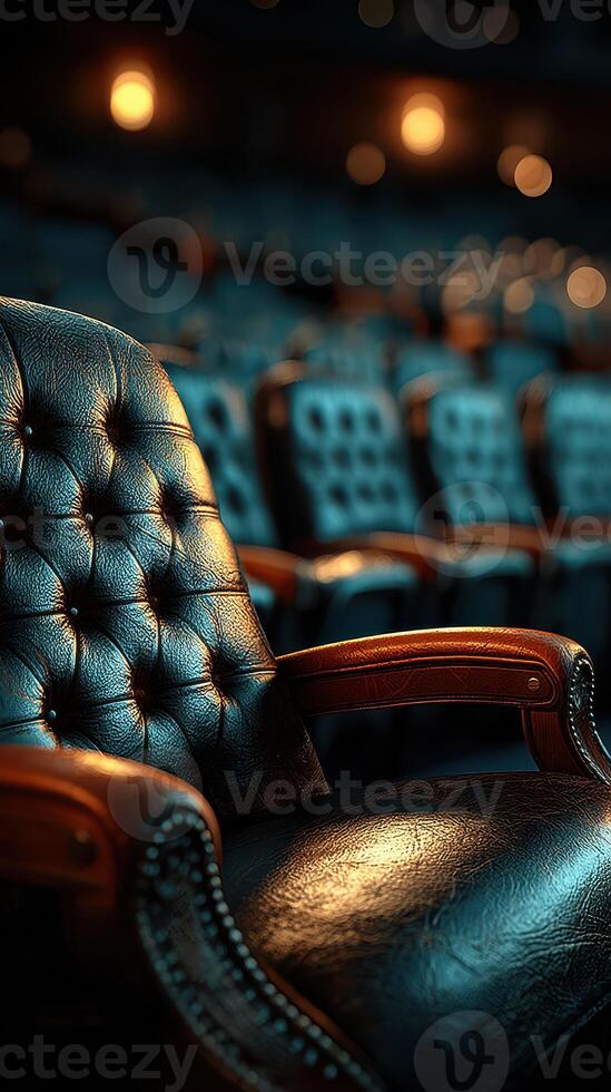 Elegant leather theater seats in a dimly lit auditorium during a captivating performance at night photo