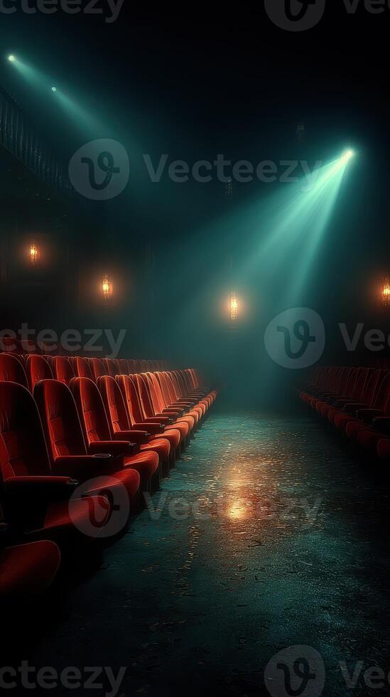 Empty theater with vintage red seats illuminated by soft beams of light during a quiet evening photo