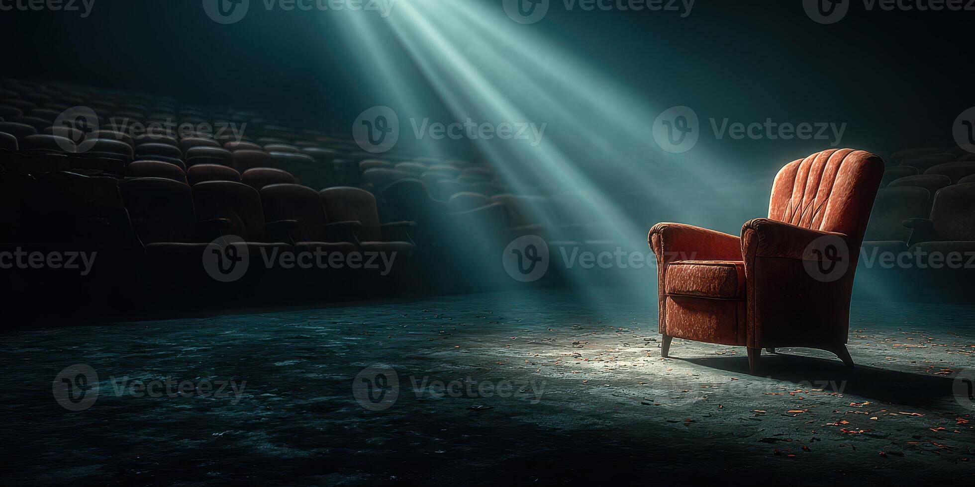 Lonely vintage chair illuminated by rays of light in an empty theater during a quiet evening photo