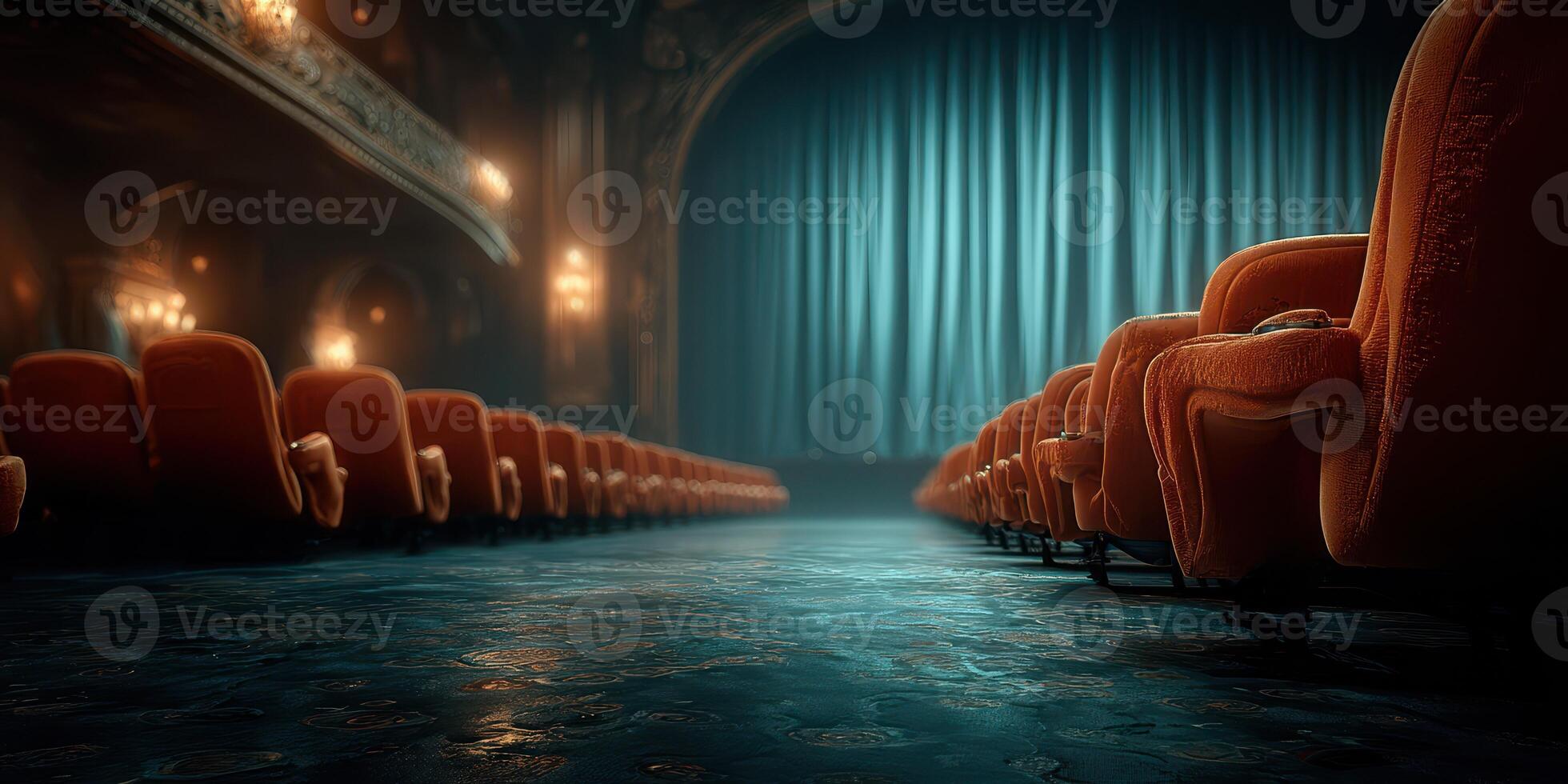 Empty theater showcasing red velvet seats before a performance in the evening light photo