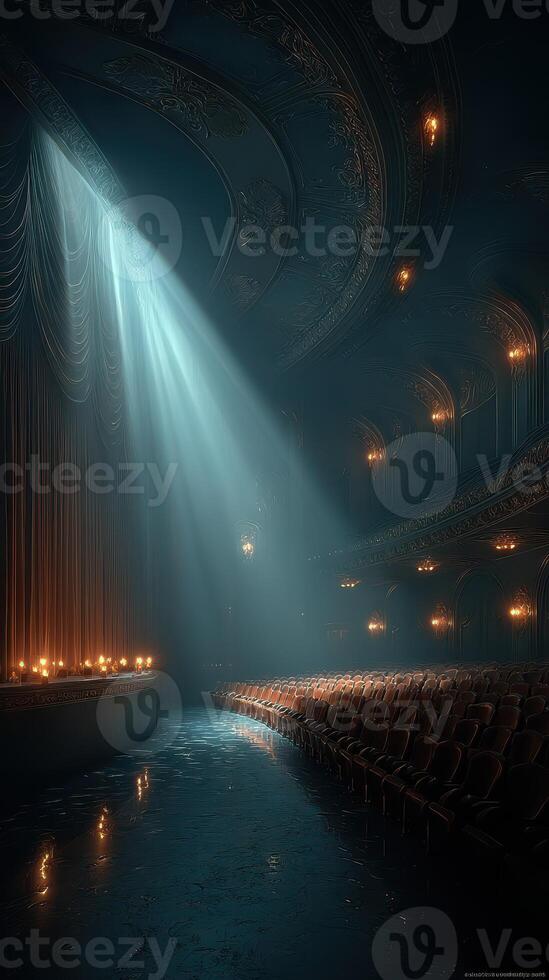 Majestic old theater illuminated by a single beam of light highlighting empty seats at dusk photo