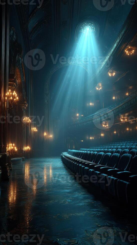Old theater interior with dramatic lighting and empty seats, creating a mysterious atmosphere in a historic venue photo