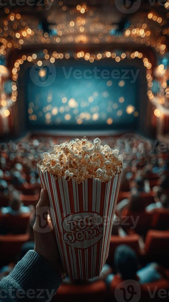 Enjoying a movie with popcorn in a cozy theater setting filled with warm lights and eager moviegoers during a weekend night photo