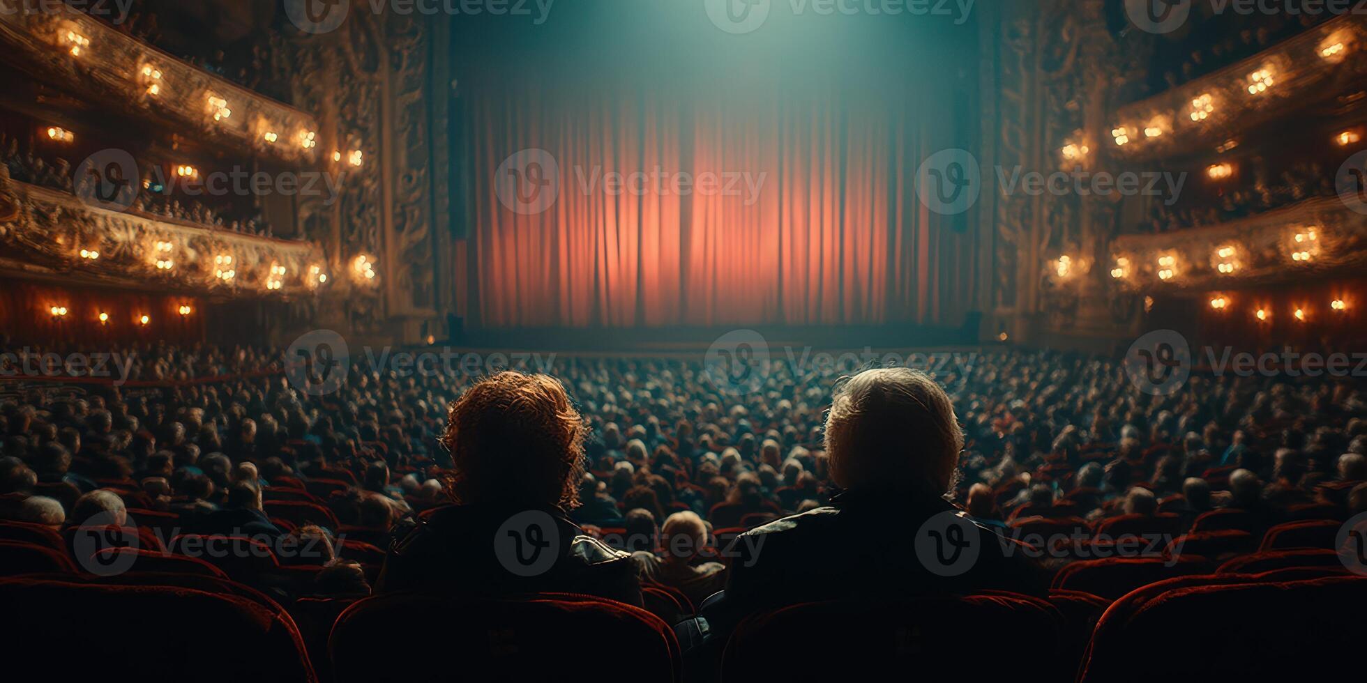 Audience awaits performance in grand theater with ornate decor and rich red curtains photo