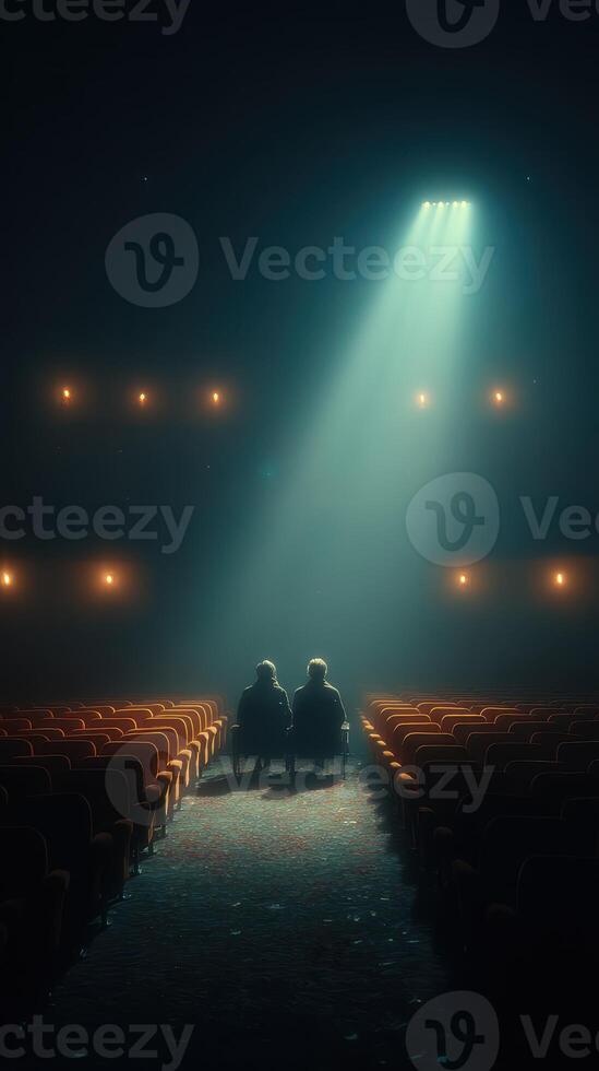 Two figures sit in a dimly lit theater, illuminated by a single spotlight from above during an intimate moment photo