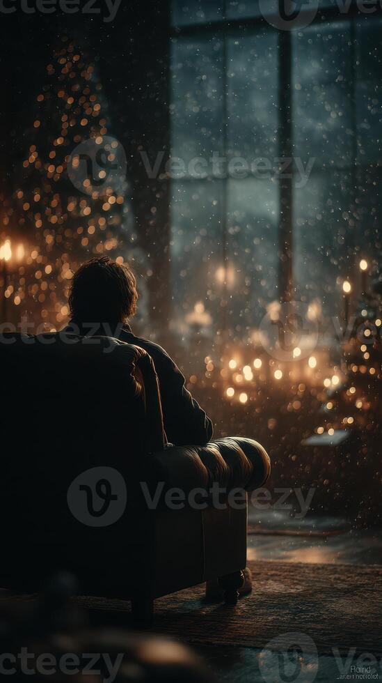 Cozy evening by the window with a person relaxing in candlelight and snowfall outside in a dimly lit room photo