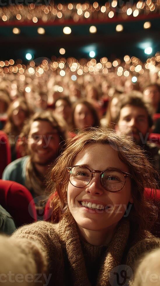 Excited audience member takes selfie at a lively theater performance during evening entertainment event photo