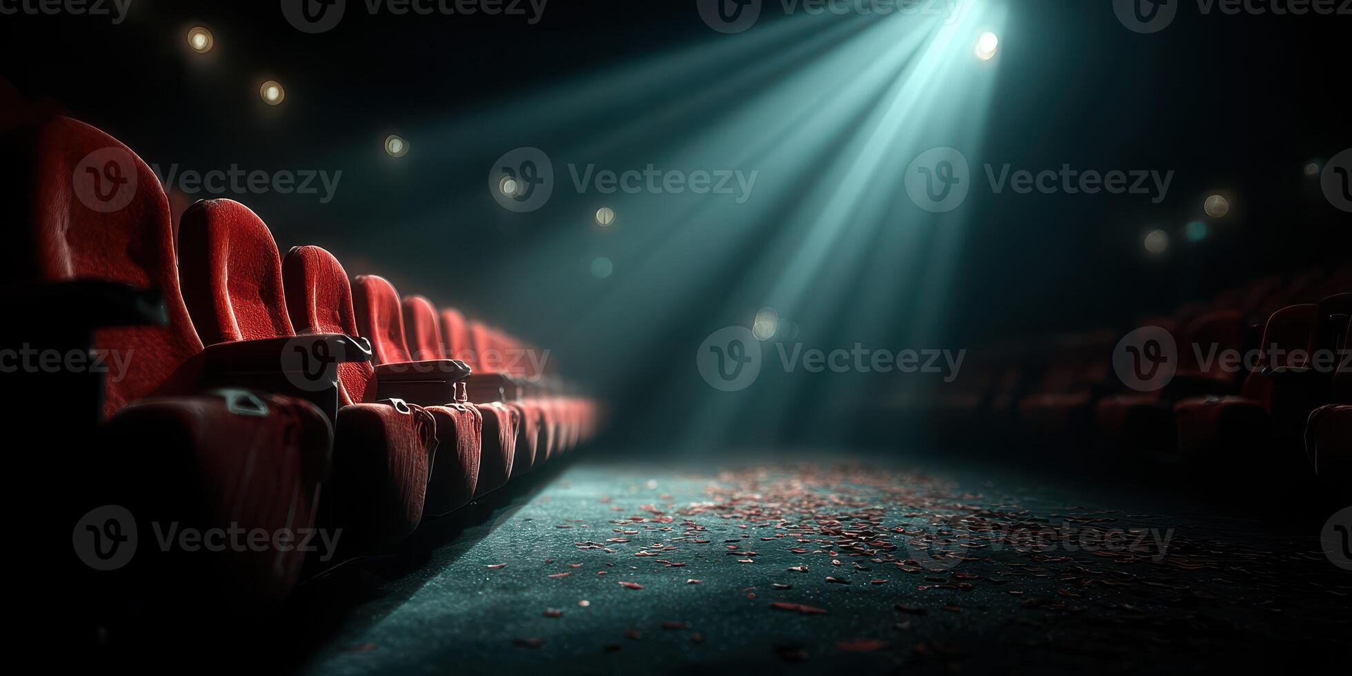 Quiet cinema with red seats illuminated by beams of light during an evening show in an old theater photo