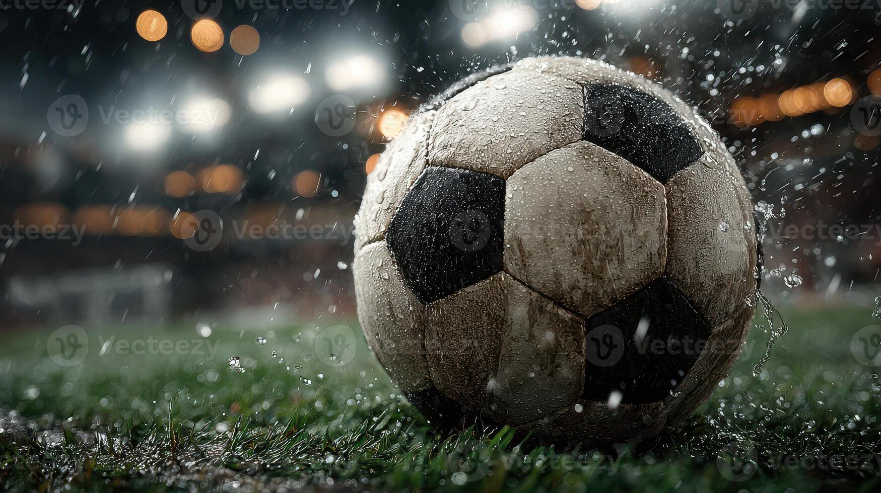 Soccer ball splashing water on the field during an evening match in rainy weather photo