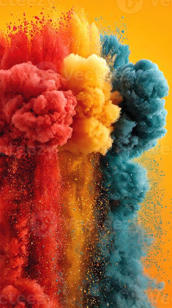 Colorful smoke clouds blend together in vivid patterns against a bright yellow background, creating an artistic display of color photo