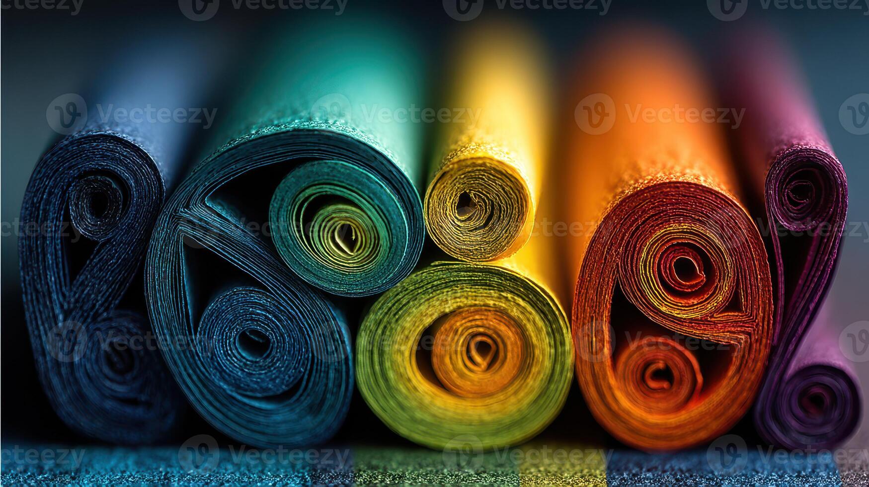 Vibrant rolls of fabric arranged in a colorful display on a worktable at a textile workshop during daylight hours photo