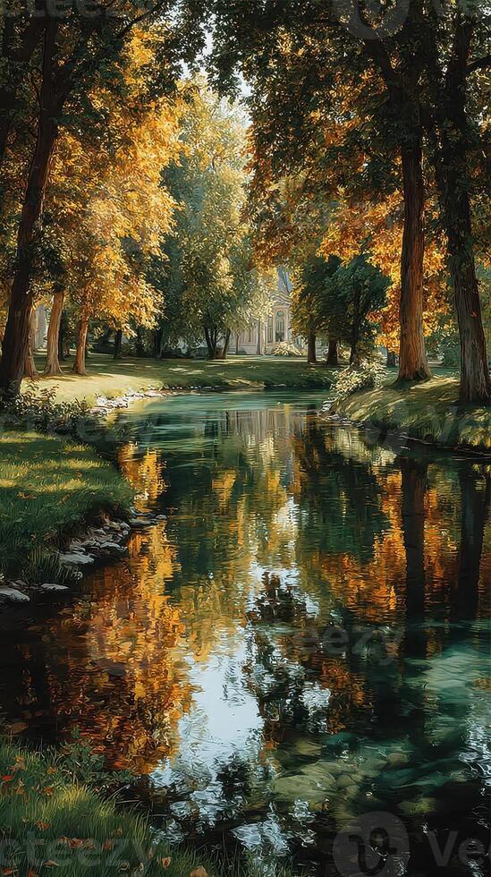 Calm autumn afternoon by the tranquil stream surrounded by vibrant foliage photo
