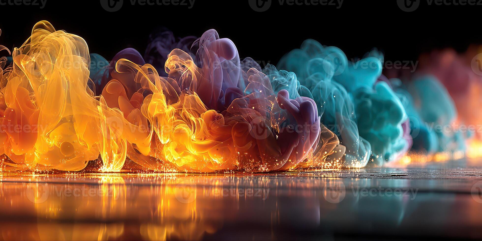 Colorful abstract smoke flow creating a vibrant wave of hues in a dark setting photo