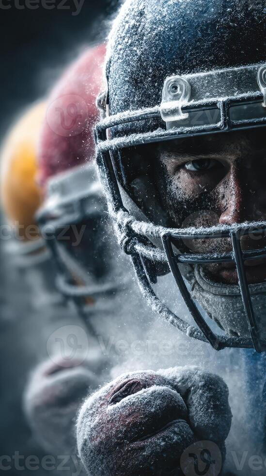 Intense close-up of a football player in action during a snowy match, showcasing determination and focus photo