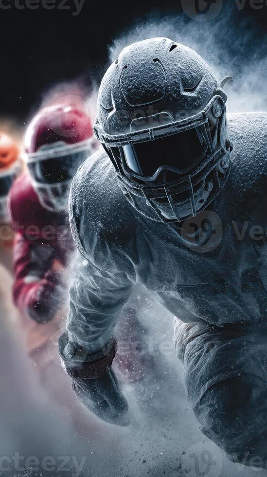 Intense action during a snow-covered football match with players in striking gear racing through the cold environment photo