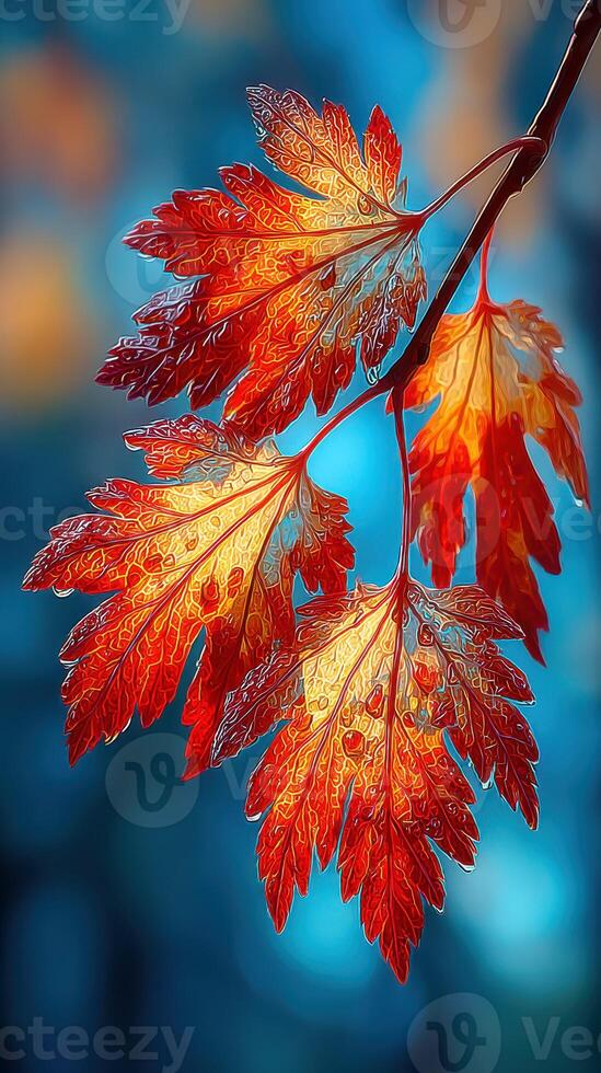 Vibrant autumn leaves glistening with dew on a branch during a crisp morning in a tranquil forest setting photo