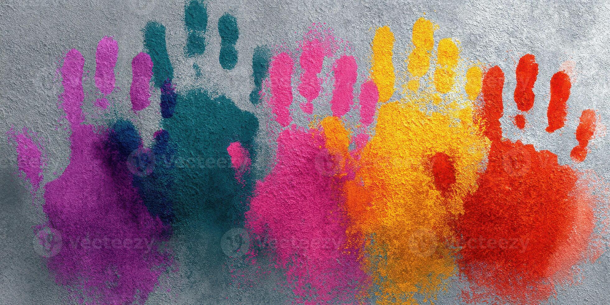 Colorful handprints create vibrant display on textured surface in an artistic mural photo