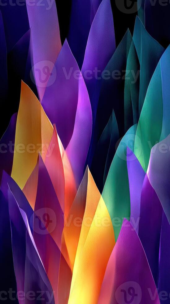 Vibrant abstract colors resembling leaves captured in a dynamic display of light and shadow in dark surroundings photo