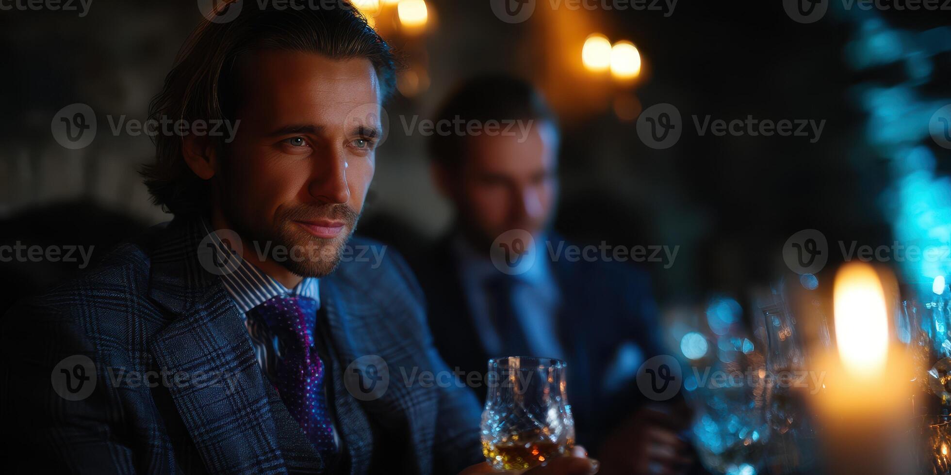 Evening gathering of friends in an elegant setting with candlelight and fine drinks photo