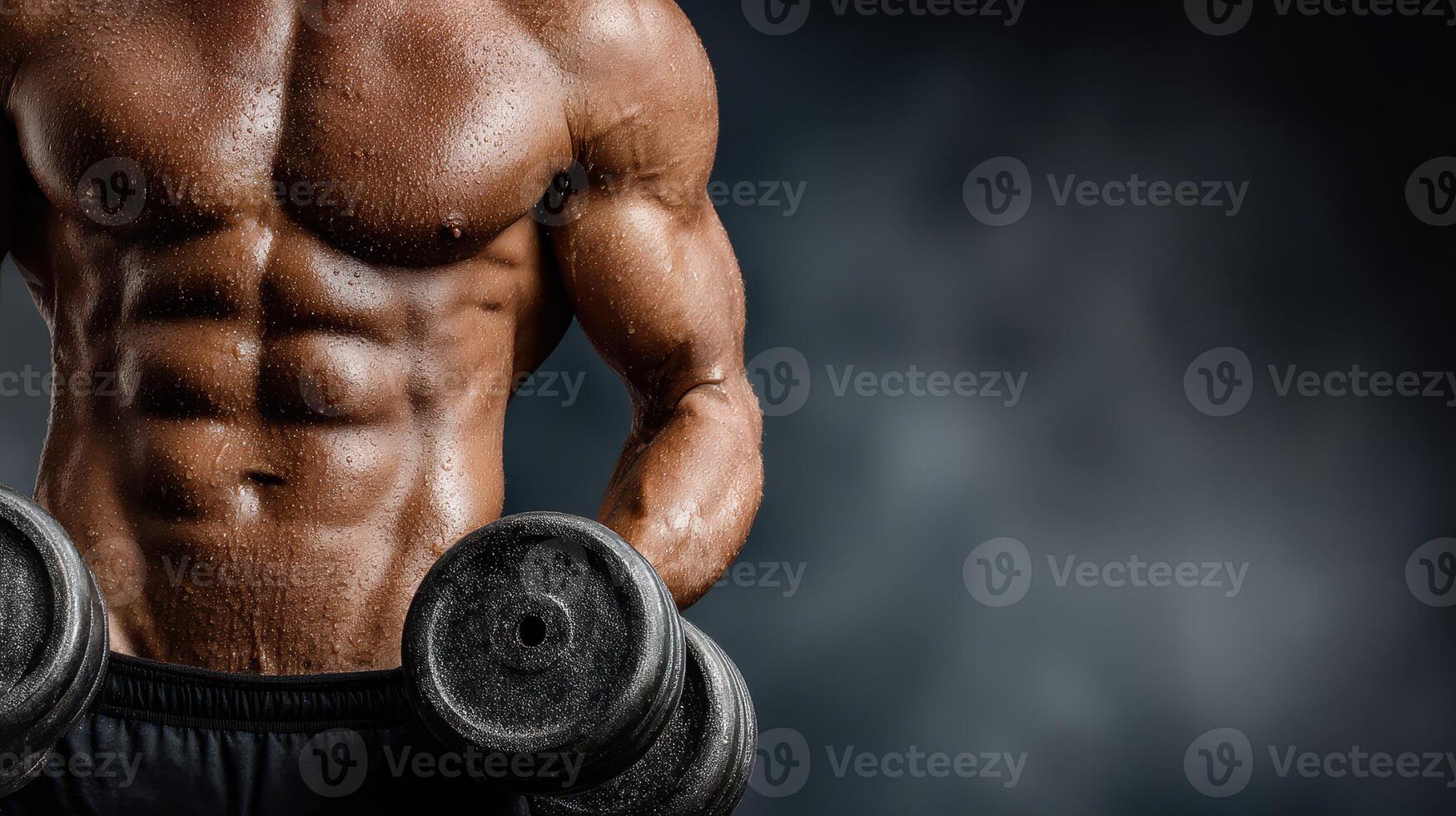 Muscular athlete lifting dumbbells in a gym setting showcasing strength and determination photo