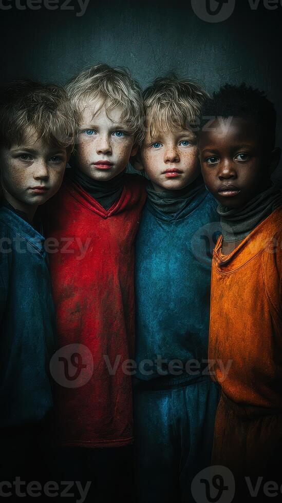 Four children in colorful jerseys standing together in a moody, artistic portrait shot indoors with dramatic lighting photo