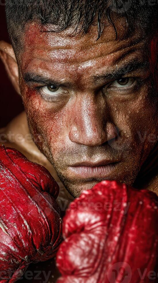 Intense boxer prepares for a match with determination in his eyes during a training session photo