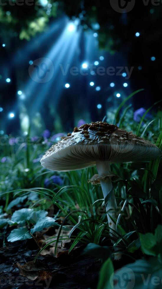 Majestic mushroom shines in enchanting forest with soft light beams illuminating the scene at twilight photo