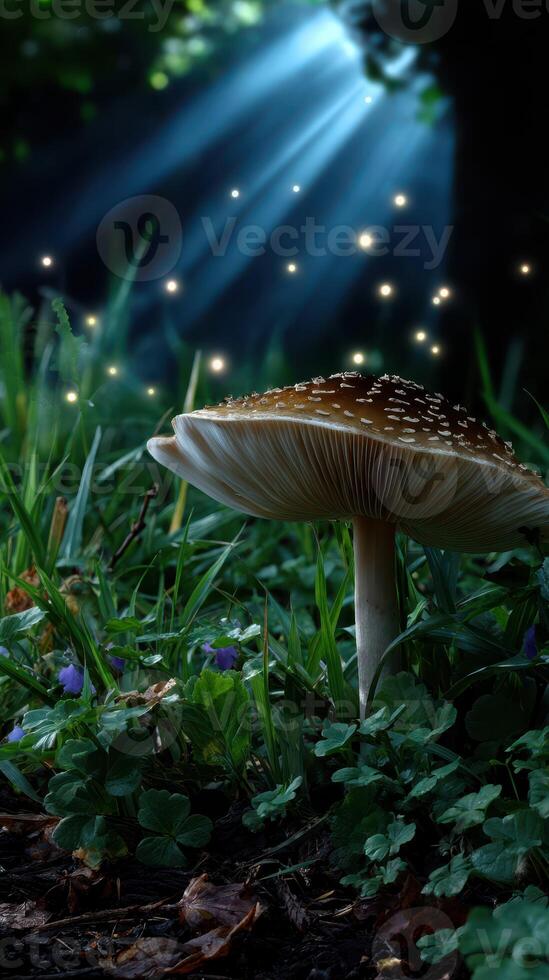 Majestic mushroom standing tall in a lush forest illuminated by glowing orbs of light during twilight photo